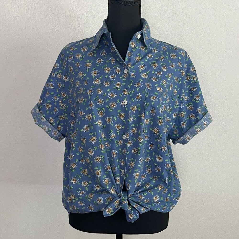 Vintage Blue Floral Button Up Top